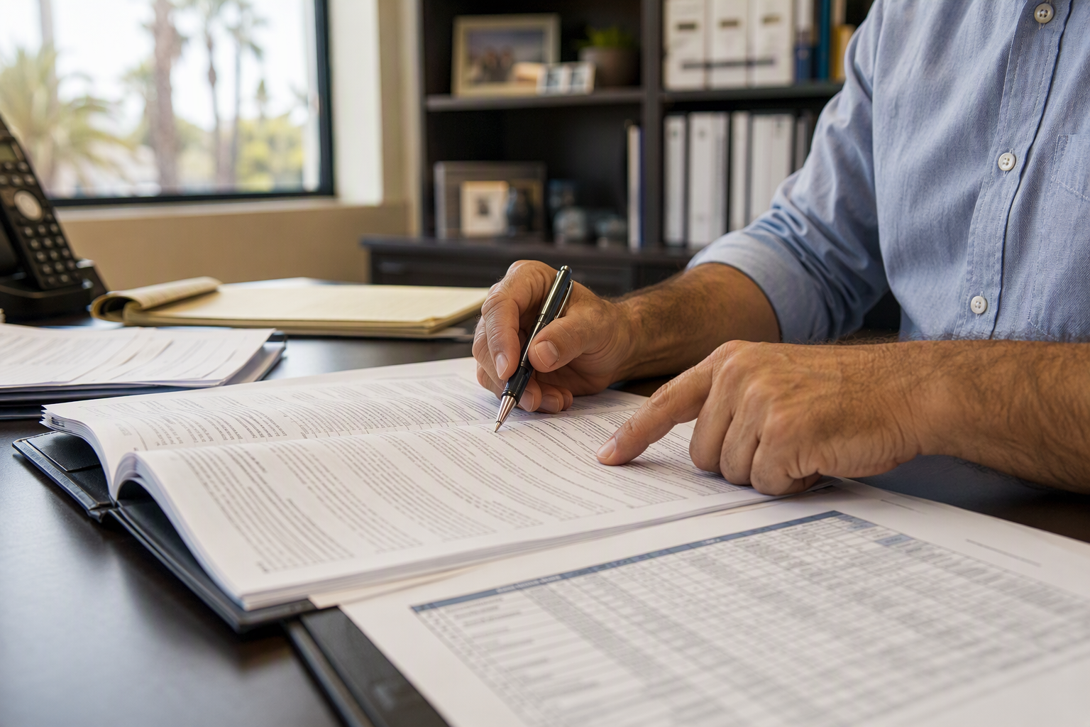 Reviewing After-Hours Elevator Contract Terms Building manager reviewing elevator after-hours rate schedule in a service contract, pointing to weekend and holiday billing definitions clause
