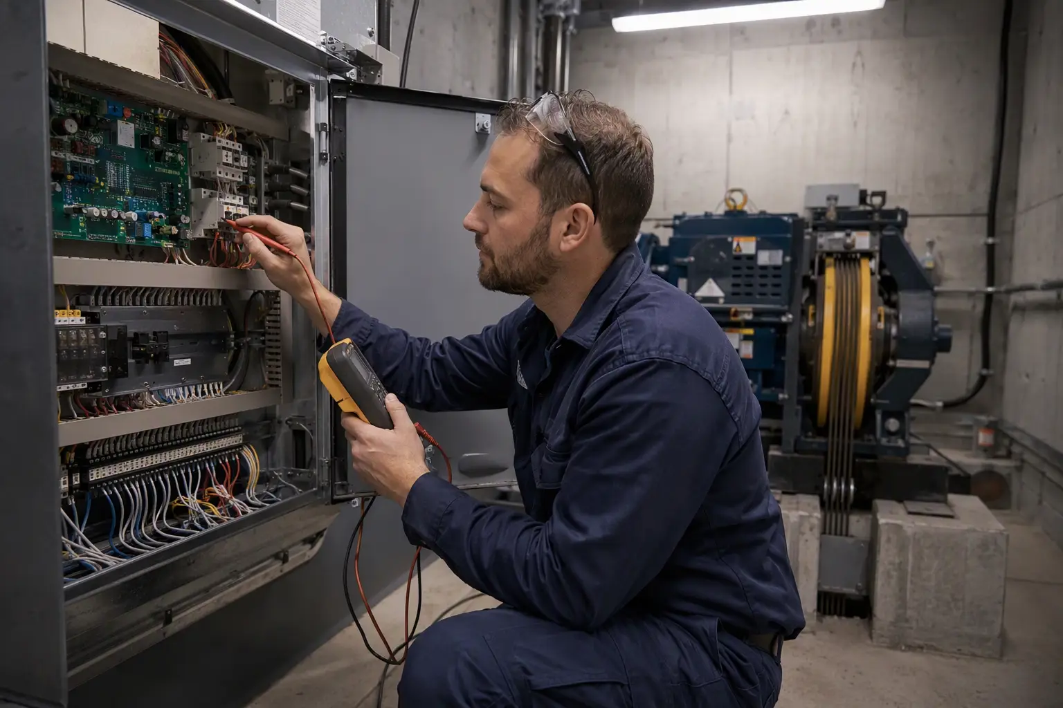 Emergency Elevator Repair — Machine Room Diagnostics Certified elevator mechanic diagnosing a fault at a machine-room controller during a weekend emergency service call in a Southern California commercial building