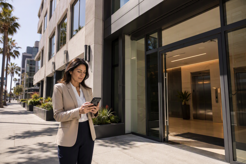 Property manager outside a Long Beach CA mid-rise building checking phone to contact Liftech Elevator during business hours for elevator service scheduling