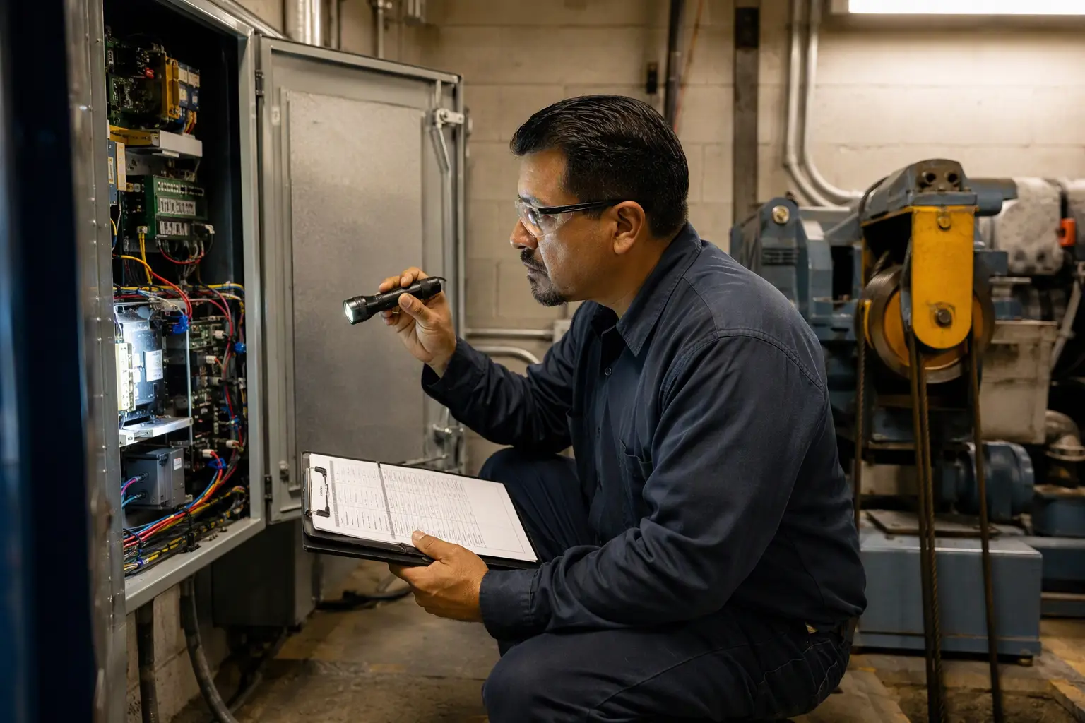 Machine Room Preventive Maintenance Inspection California CCCM-certified elevator mechanic inspecting a machine room controller and documenting service findings on a compliance checklist during a preventive maintenance visit.