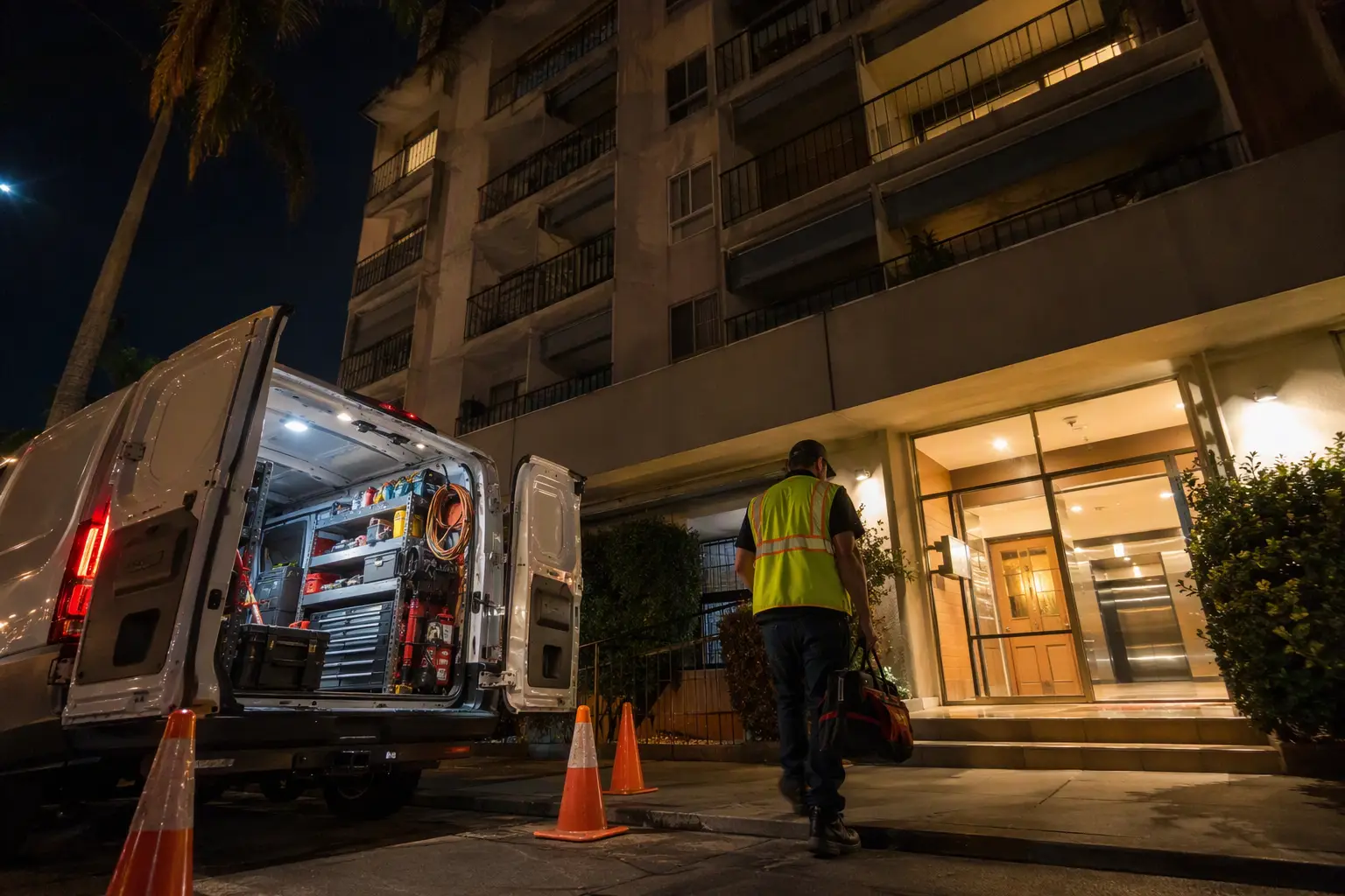 After-Hours Emergency Elevator Response Elevator service technician responding to an after-hours emergency call at a Long Beach residential building, demonstrating reliable emergency response under a maintenance contract.