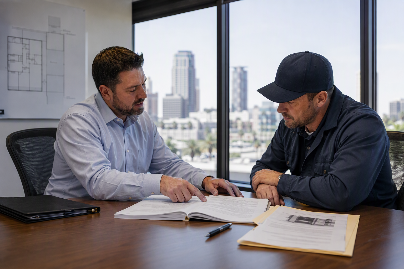 Reviewing an Elevator Maintenance Contract Facilities manager and elevator contractor reviewing a California elevator maintenance contract in a Long Beach commercial office, discussing switching service providers.