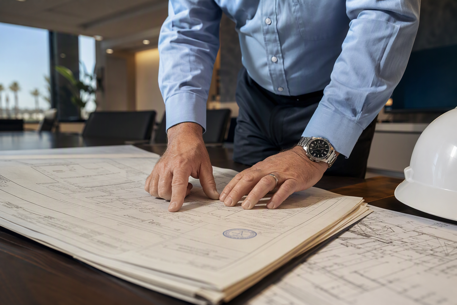 Cal/OSHA Elevator Permit Review Before Renovation Building manager reviewing Cal/OSHA elevator permit documentation before renovation work begins, a compliance requirement for any material alteration to elevator components in California.