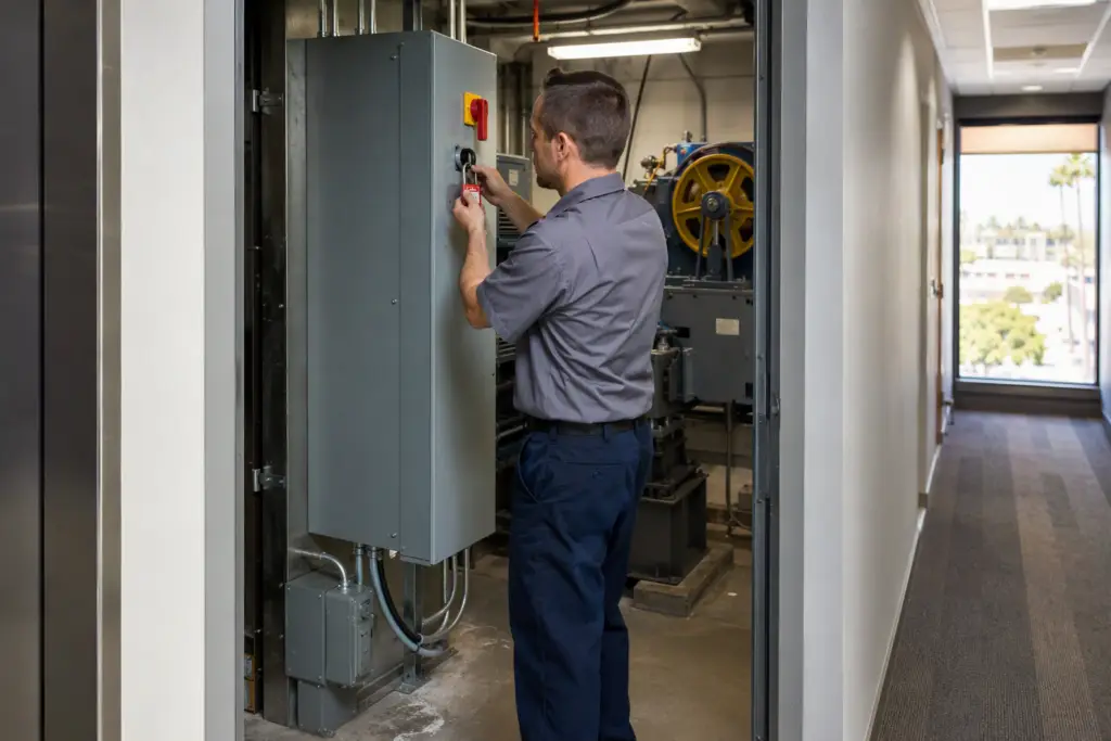 Licensed elevator technician attaching a lockout/tagout padlock to a controller disconnect during a temporary elevator shutdown for renovation work in a Long Beach CA office building.
