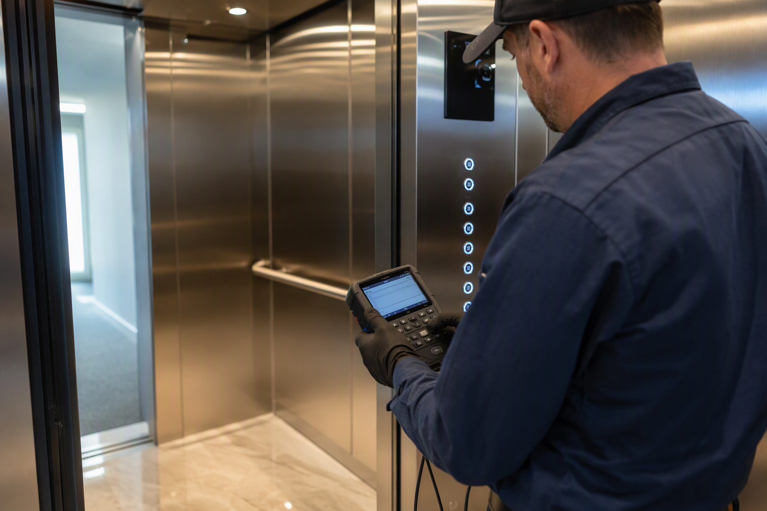 Post-Renovation Elevator Restart Functional Test Certified elevator mechanic performing a post-renovation functional restart test inside a modernized elevator cab in a Southern California residential building after temporary shutdown.