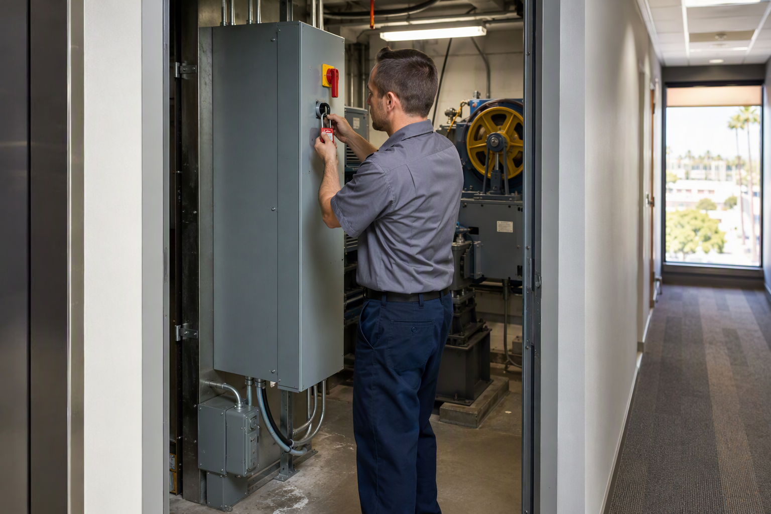 Elevator Lockout/Tagout During Renovation Shutdown Licensed elevator technician attaching a lockout/tagout padlock to a controller disconnect during a temporary elevator shutdown for renovation work in a Long Beach CA office building.