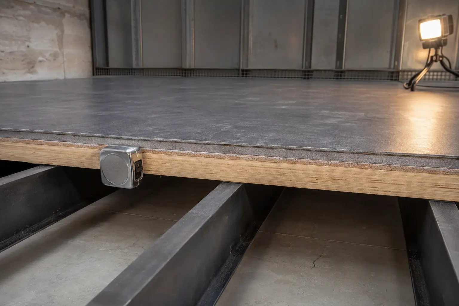 Freight Elevator Dual-Layer Subfloor Assembly Cross-section of a freight elevator floor assembly showing 1-inch plywood subfloor, underlayment, and vinyl finish flooring over wide-spaced steel cab platform cross-members in Los Angeles