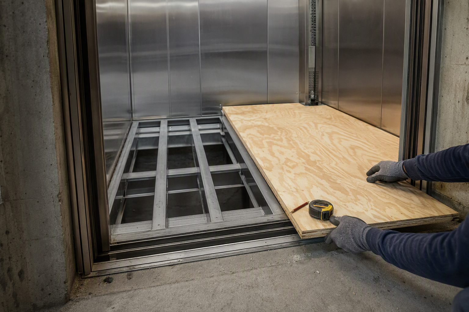 Elevator Plywood Subfloor Panel Installation Installer fitting a 23/32-inch tongue-and-groove plywood subfloor panel over steel cab platform cross-members inside a commercial elevator in Long Beach CA