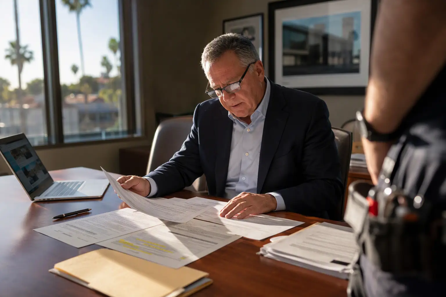 Reviewing Elevator Compliance Contracts After Permit Expiration Building owner reviewing an elevator service contract and Cal/OSHA compliance documents with an elevator company representative to address expired permit liability in California.