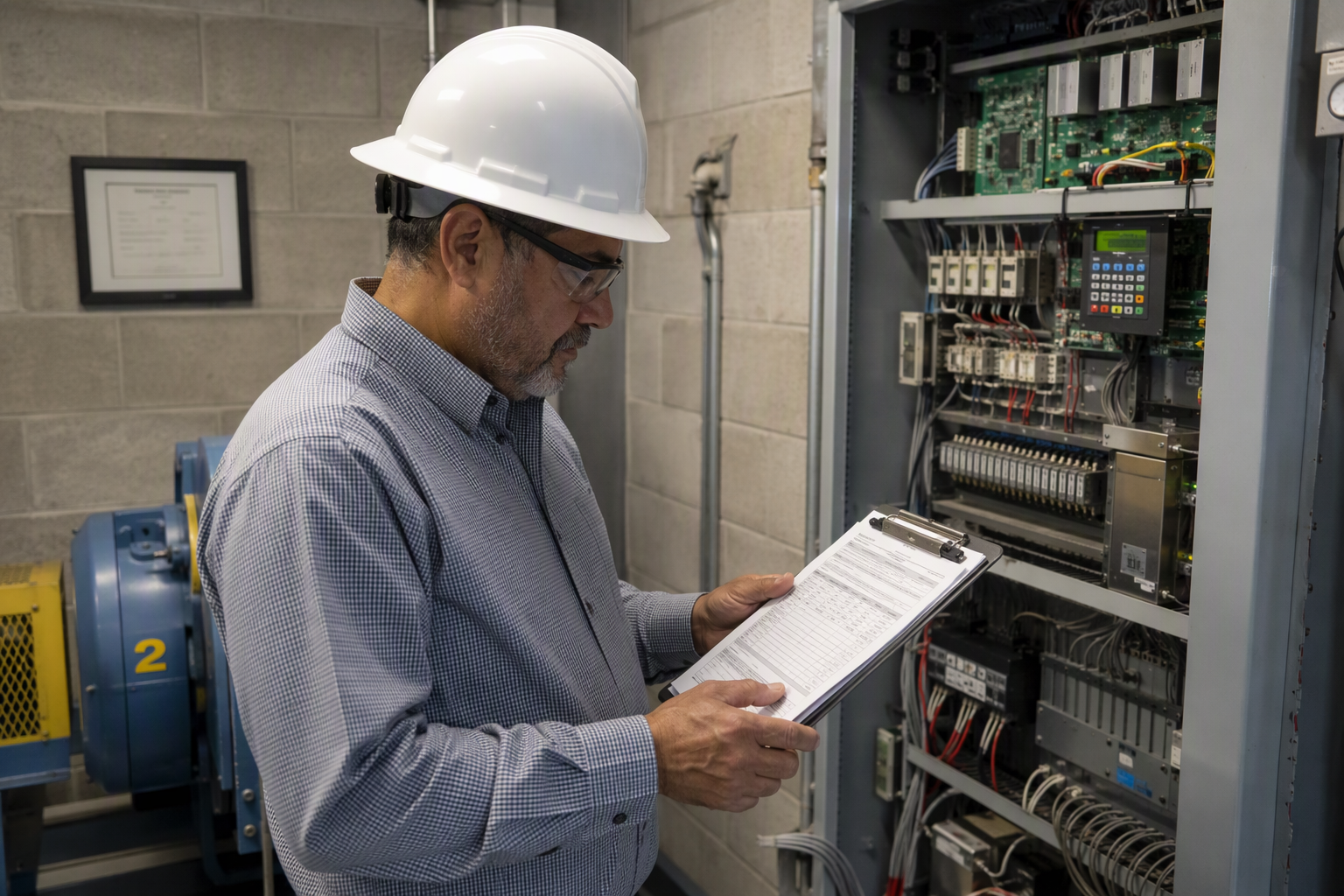 Cal/OSHA Elevator Reinspection in a California Machine Room Elevator inspector reviewing a compliance checklist beside a controller cabinet in a California machine room during a Cal/OSHA reinspection after permit expiration.