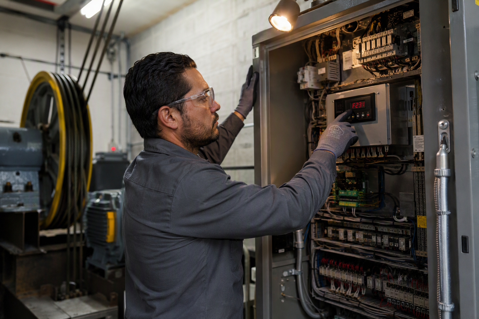 Certified elevator mechanic reading fault codes on a controller panel in a machine room during post-entrapment inspection in Southern California